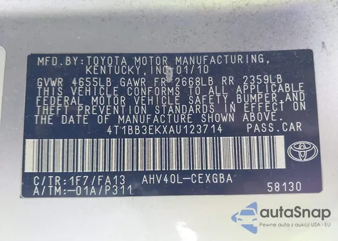 2010 Toyota Camry Hybrid from USA, damaged, VIN 4T1BB3EKXAU123714